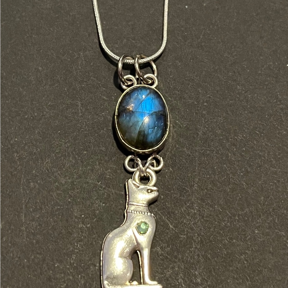 Flashy Blue Labradorite Goddess Bastet Necklace - Bast Pendant - Crystal Cat